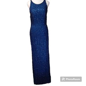 Vintage Andretta Donatello Fully Beaded Blue 100%Silk Evening Dress - Size L